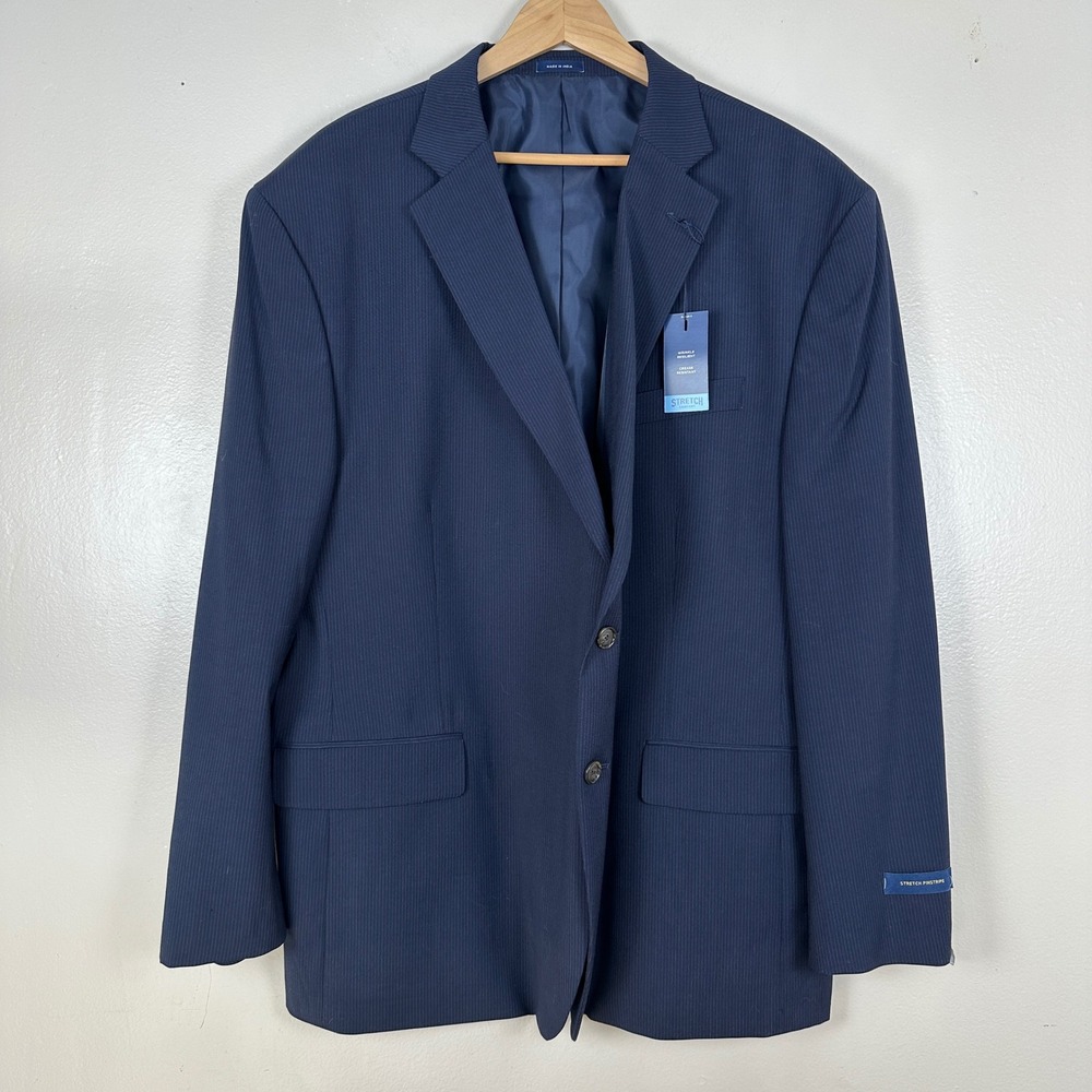 Stafford Mens 52B REG Suit Jacket Navy Blue Stretch Pinstripe Travel Blazer Wool